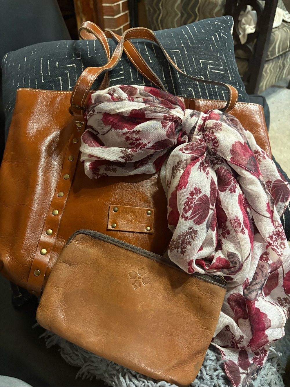 Chestnut Leather Tote with Matching Pouch and Floral Scarf